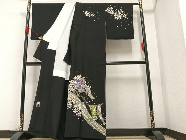 平和屋着物●本加賀友禅作家 下村 栄三　訪問着　誰が袖草花文　黒地　正絹　逸品　AAAY8974ph