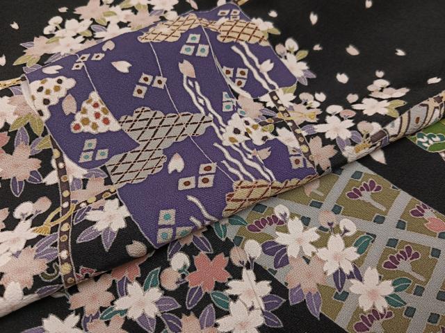 平和屋着物●本加賀友禅作家 下村 栄三　訪問着　誰が袖草花文　黒地　正絹　逸品　AAAY8974ph