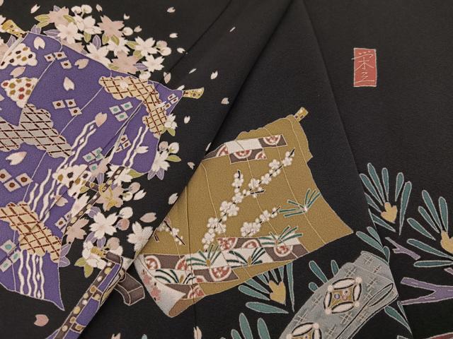 平和屋着物●本加賀友禅作家 下村 栄三　訪問着　誰が袖草花文　黒地　正絹　逸品　AAAY8974ph