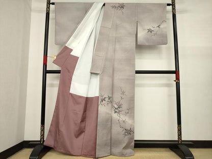 平和屋着物●訪問着 紬地 手描き 枝花文 正絹 逸品 AAAY9050ck