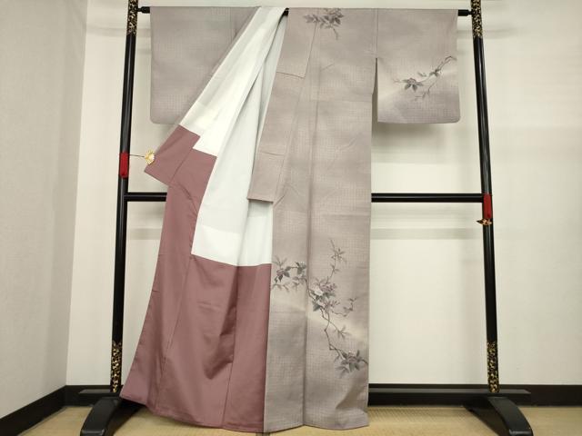 平和屋着物●訪問着 紬地 手描き 枝花文 正絹 逸品 AAAY9050ck