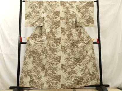 平和屋着物■上質な紬　地紙流水草花文　正絹　逸品　AAAY9272cs