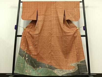 平和屋着物▽訪問着 単衣 紬地 流水枝葉文 暈し染め 金彩 正絹 逸品 未使用 AAAY9411jh