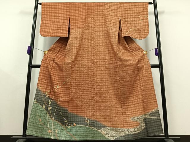 平和屋着物▽訪問着 単衣 紬地 流水枝葉文 暈し染め 金彩 正絹 逸品 未使用 AAAY9411jh