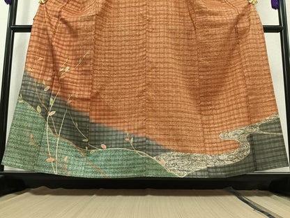平和屋着物▽訪問着 単衣 紬地 流水枝葉文 暈し染め 金彩 正絹 逸品 未使用 AAAY9411jh