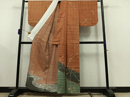 平和屋着物▽訪問着 単衣 紬地 流水枝葉文 暈し染め 金彩 正絹 逸品 未使用 AAAY9411jh