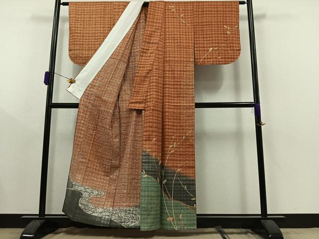 平和屋着物▽訪問着 単衣 紬地 流水枝葉文 暈し染め 金彩 正絹 逸品 未使用 AAAY9411jh