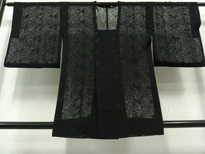 平和屋着物▽道行コート　スリーシーズン　春夏秋　塵除け　花唐草文　黒地　正絹　逸品　AAAY9412jh