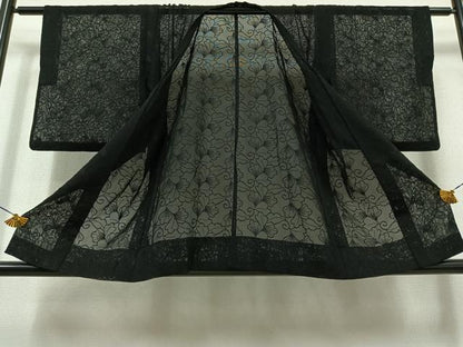 平和屋着物▽道行コート　スリーシーズン　春夏秋　塵除け　花唐草文　黒地　正絹　逸品　AAAY9412jh