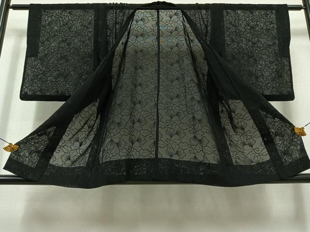 平和屋着物▽道行コート　スリーシーズン　春夏秋　塵除け　花唐草文　黒地　正絹　逸品　AAAY9412jh