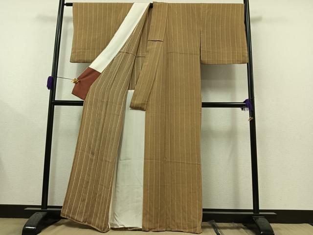 平和屋着物▽上質な小紋　単衣　縞　鬼しぼ縮緬　正絹　逸品　AAAY9421jh