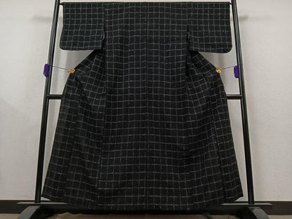 平和屋着物▽上質な紬 単衣 格子 黒地 正絹 逸品 AAAY9424jh