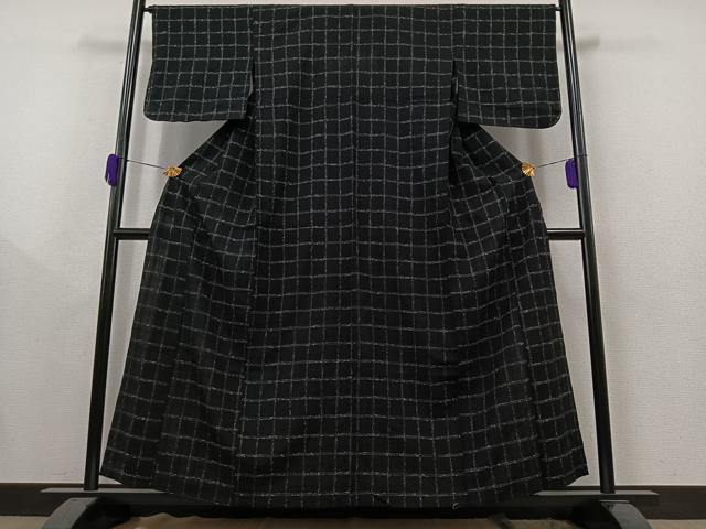 平和屋着物▽上質な紬 単衣 格子 黒地 正絹 逸品 AAAY9424jh