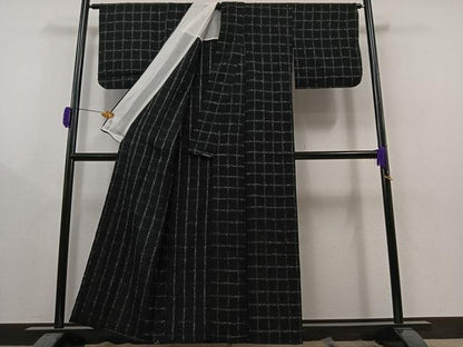 平和屋着物▽上質な紬 単衣 格子 黒地 正絹 逸品 AAAY9424jh