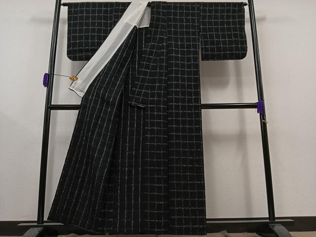 平和屋着物▽上質な紬 単衣 格子 黒地 正絹 逸品 AAAY9424jh