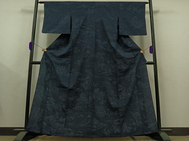 平和屋着物▽本塩沢 単衣 風景人物文 正絹 逸品 AAAY9431jh