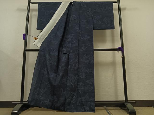 平和屋着物▽本塩沢 単衣 風景人物文 正絹 逸品 AAAY9431jh
