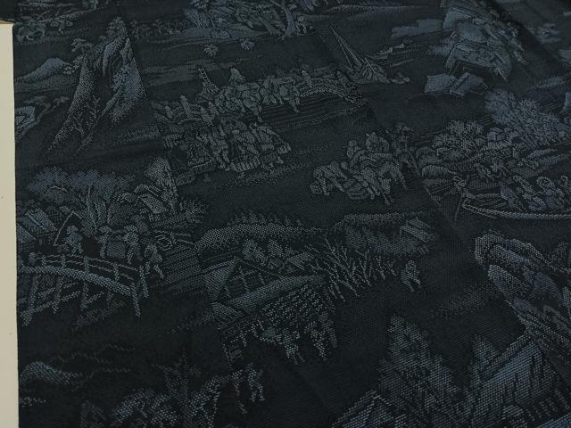 平和屋着物▽本塩沢 単衣 風景人物文 正絹 逸品 AAAY9431jh