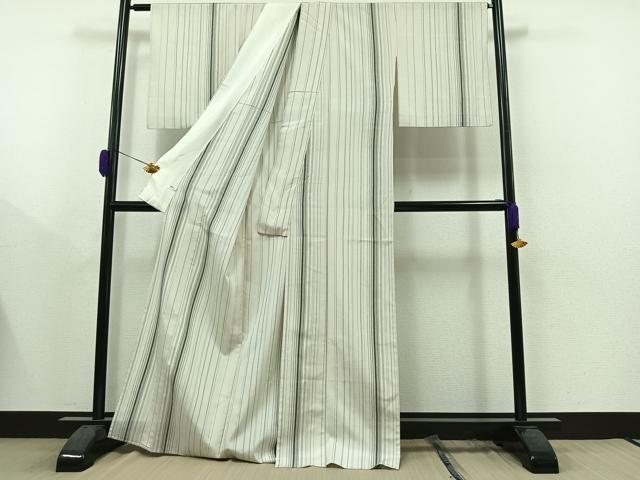 平和屋着物▽本塩沢 単衣 縞 正絹 逸品 AAAY9435jh