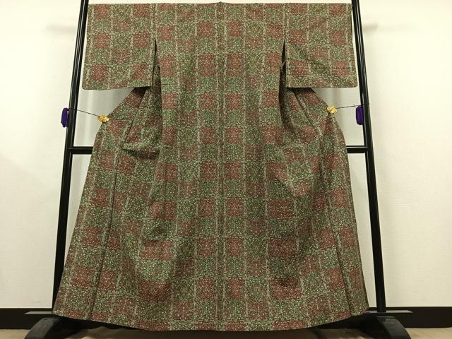 平和屋着物▽上質な小紋 単衣 紬地 草花文 正絹 逸品 AAAY9437jh