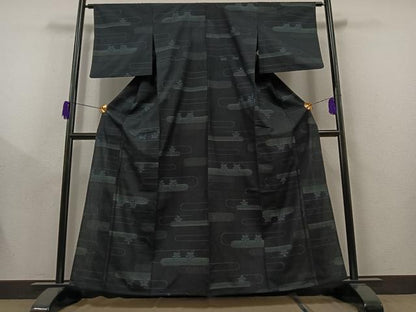 平和屋着物▽上質な紬 単衣 横段文 正絹 逸品 AAAY9439jh