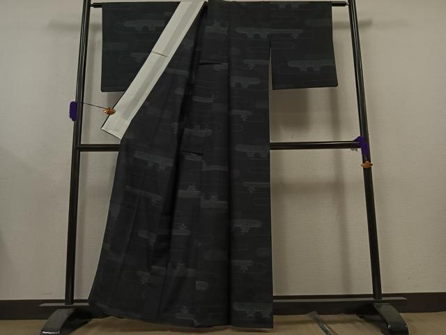 平和屋着物▽上質な紬 単衣 横段文 正絹 逸品 AAAY9439jh