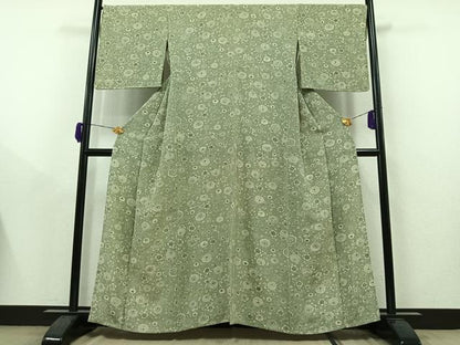 平和屋着物▽上質な小紋 単衣 型染め 更紗花文 鬼しぼ縮緬 正絹 逸品 AAAY9440jh