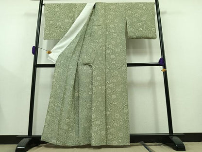 平和屋着物▽上質な小紋 単衣 型染め 更紗花文 鬼しぼ縮緬 正絹 逸品 AAAY9440jh