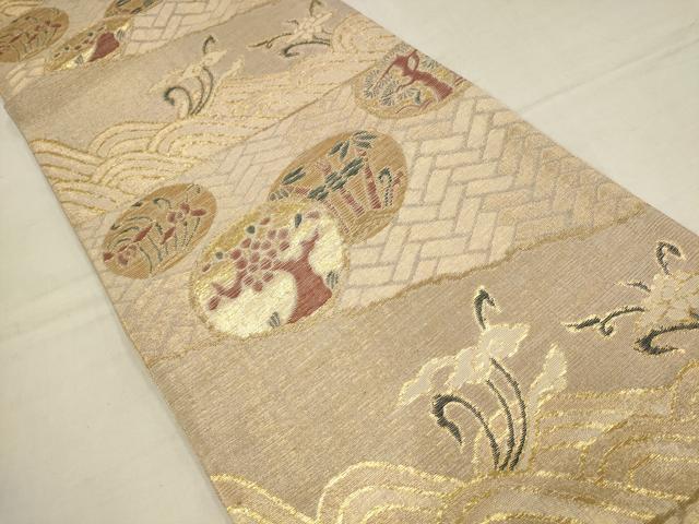 平和屋着物▼六通柄袋帯　流水草花丸文　金糸　正絹　逸品　AAAY9443wj