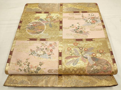 平和屋着物▼六通柄袋帯　天井花文　金糸　正絹　逸品　AAAY9470wj