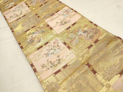 平和屋着物▼六通柄袋帯　天井花文　金糸　正絹　逸品　AAAY9470wj