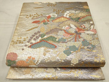 平和屋着物▼六通柄袋帯　唐織　飛鶴松梅文　金銀糸　正絹　逸品　AAAY9495wj