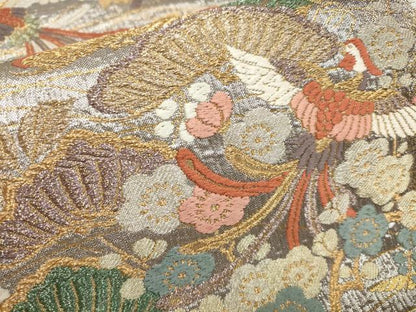 平和屋着物▼六通柄袋帯　唐織　飛鶴松梅文　金銀糸　正絹　逸品　AAAY9495wj