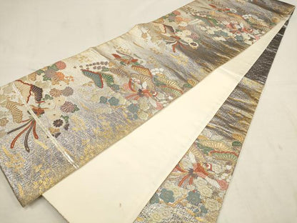 平和屋着物▼六通柄袋帯　唐織　飛鶴松梅文　金銀糸　正絹　逸品　AAAY9495wj
