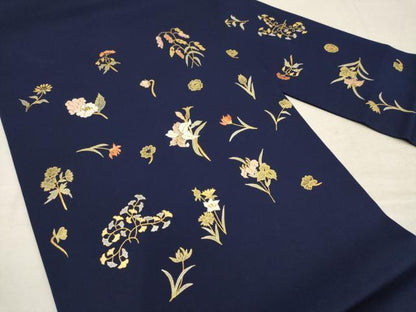 平和屋着物▼塩瀬　九寸名古屋帯　刺繍　草花文　金銀糸　正絹　逸品　AAAY9555wj