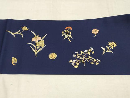 平和屋着物▼塩瀬　九寸名古屋帯　刺繍　草花文　金銀糸　正絹　逸品　AAAY9555wj