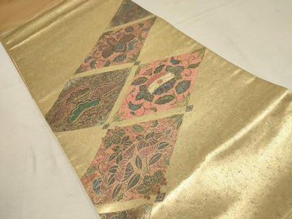 平和屋着物▼太鼓柄袋帯　螺鈿箔　花菱文　金彩　引箔　正絹　逸品　AAAY9561wj