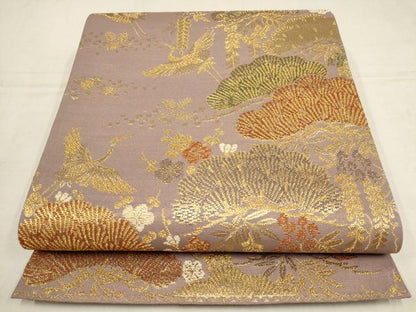 平和屋着物▼六通柄袋帯　飛鶴松梅文　金糸　正絹　逸品　AAAY9583wj