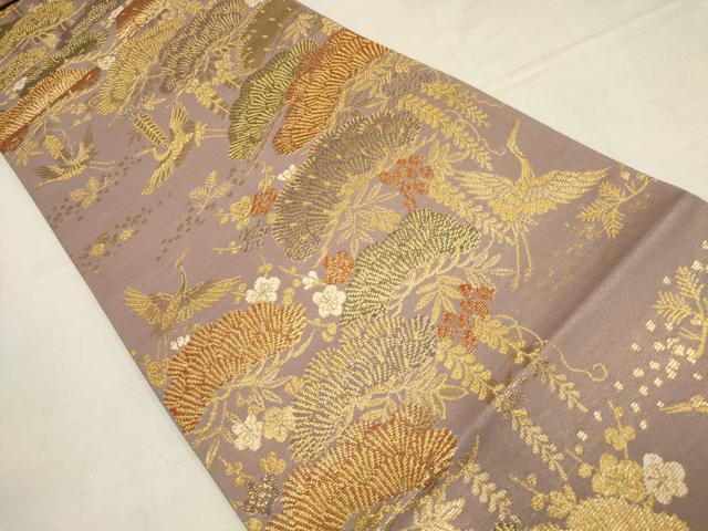 平和屋着物▼六通柄袋帯　飛鶴松梅文　金糸　正絹　逸品　AAAY9583wj