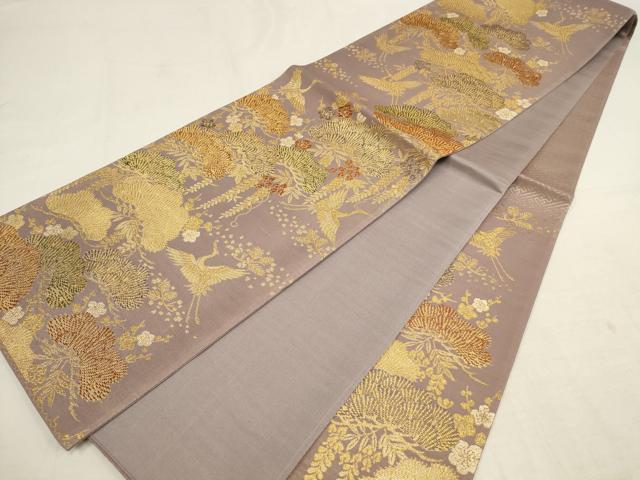 平和屋着物▼六通柄袋帯　飛鶴松梅文　金糸　正絹　逸品　AAAY9583wj