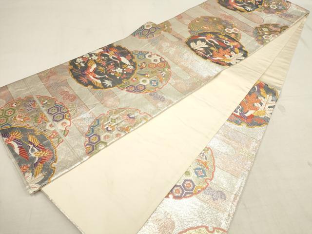 平和屋着物▼六通柄袋帯　唐織　雪輪飛鶴文　金銀糸　正絹　逸品　AAAY9604wj