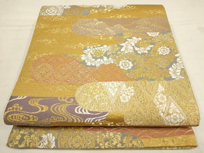 平和屋着物▼六通柄袋帯　霞花唐草文　金糸　正絹　逸品　AAAY9624wj