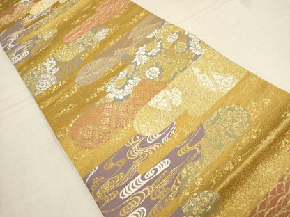平和屋着物▼六通柄袋帯　霞花唐草文　金糸　正絹　逸品　AAAY9624wj