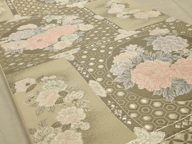 平和屋着物◎六通柄袋帯 唐織 格子花文 プラチナ箔 やまと誂製 正絹 逸品 AAAY9729ou