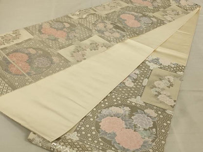 平和屋着物◎六通柄袋帯 唐織 格子花文 プラチナ箔 やまと誂製 正絹 逸品 AAAY9729ou