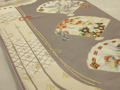 平和屋着物◎六通柄袋帯　扇面花文　金銀糸　正絹　逸品　AAAY9738ou