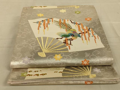 平和屋着物◎六通柄袋帯　唐織　扇面花鳥文　金銀糸　正絹　逸品　AAAY9756ou