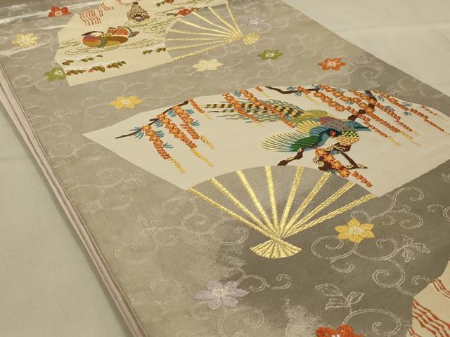 平和屋着物◎六通柄袋帯　唐織　扇面花鳥文　金銀糸　正絹　逸品　AAAY9756ou