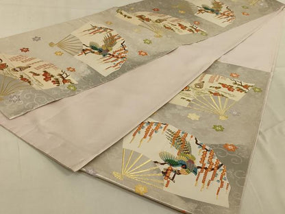 平和屋着物◎六通柄袋帯　唐織　扇面花鳥文　金銀糸　正絹　逸品　AAAY9756ou