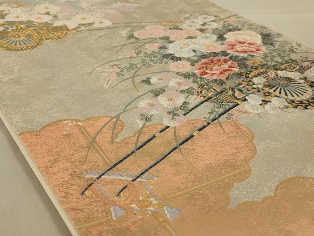 平和屋着物◎太鼓柄袋帯　唐織　花車文　金糸　正絹　逸品　AAAY9758ou